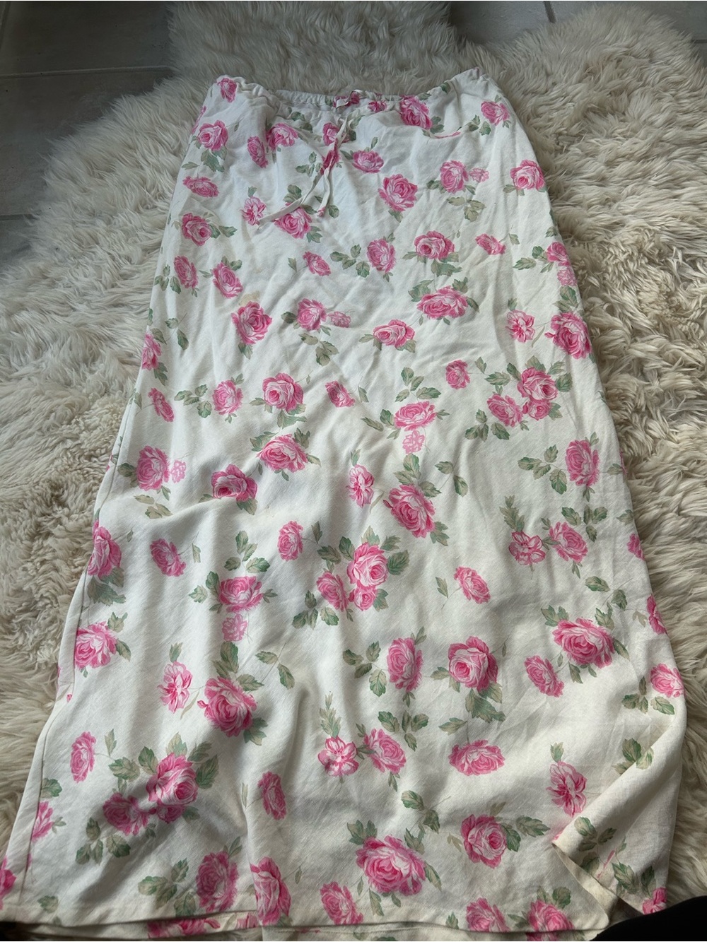 Wayf White Maxi Skirt with Pink Rose Floral Print